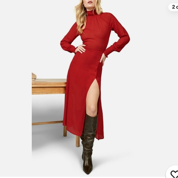 REFORMATION Red GEORGINA Smocked Cuff Turtleneck Crepe Button Slit Midi Dress, 4 - Picture 1 of 7